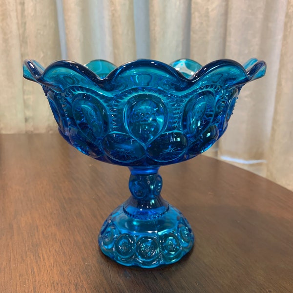 L E Smith Blue Aqua Blue Teal Moon and Stars Glass Pedestal Compote Dish Fruit Bowl Candy Dish Excellent 6.75x8
