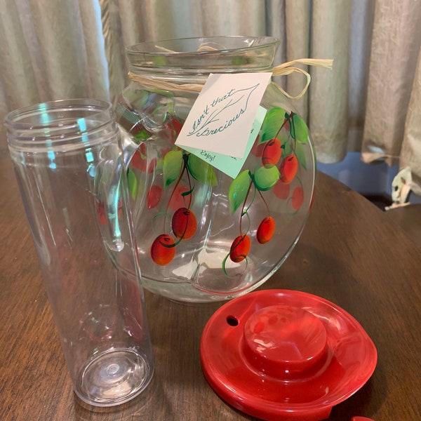 Hand Painted Cherries Pitcher New  8x8x5