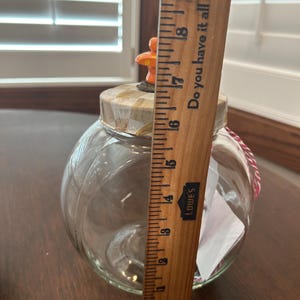May include: A clear glass jar with a pumpkin-shaped body and a lid topped with a small orange mushroom figure. A wooden ruler is placed vertically against the jar, showing a height measurement of approximately 7 inches from the base to the lid.