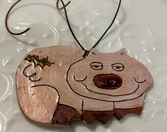 Vintage Handmade Redware Pig Ornament: Signed Folk Art Christmas Decor