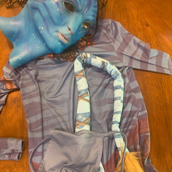 Avatar Neytiri Costume 4 Pieces Mask Jumpsuit Loincloth & Tail EUC Youth 14 Adult Small