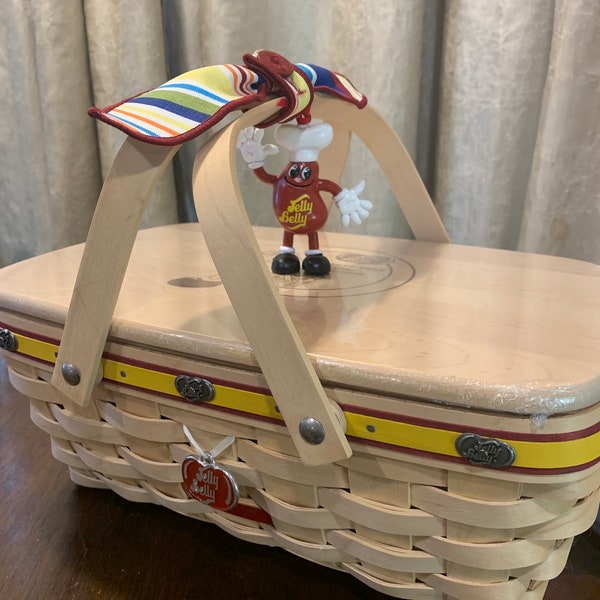 Longaberger Jelly Belly Festival Lg Basket Stripes Liner & Handle tie, New Lid, Tie On, Jelly Belly Hanger, Protector, Plate Excellent 2007