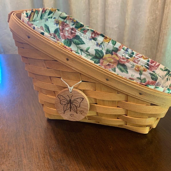 Longaberger Small Vegetable Sleigh Basket with Garden Splendor Liner, Plastic Protector, and Butterfly Tie On 7x7x4