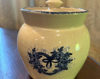 Vintage Handmade Stoneware Cookie Jar: Casey Pottery Blue Floral Canister
