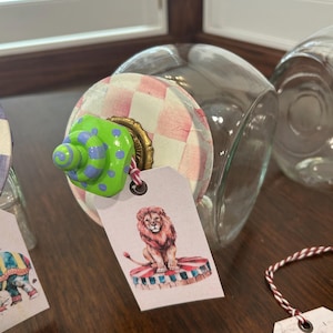 Glass Cookie Candy Jars set of 3 with Handpainted Knobs, & Lids adorned with Mackenzie Childs Paper Whimsical Circus Party Jars Excellent image 14