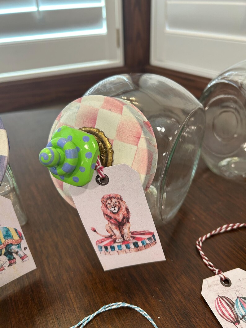 Glass Cookie Candy Jars set of 3 with Handpainted Knobs, & Lids adorned with Mackenzie Childs Paper Whimsical Circus Party Jars Excellent image 14