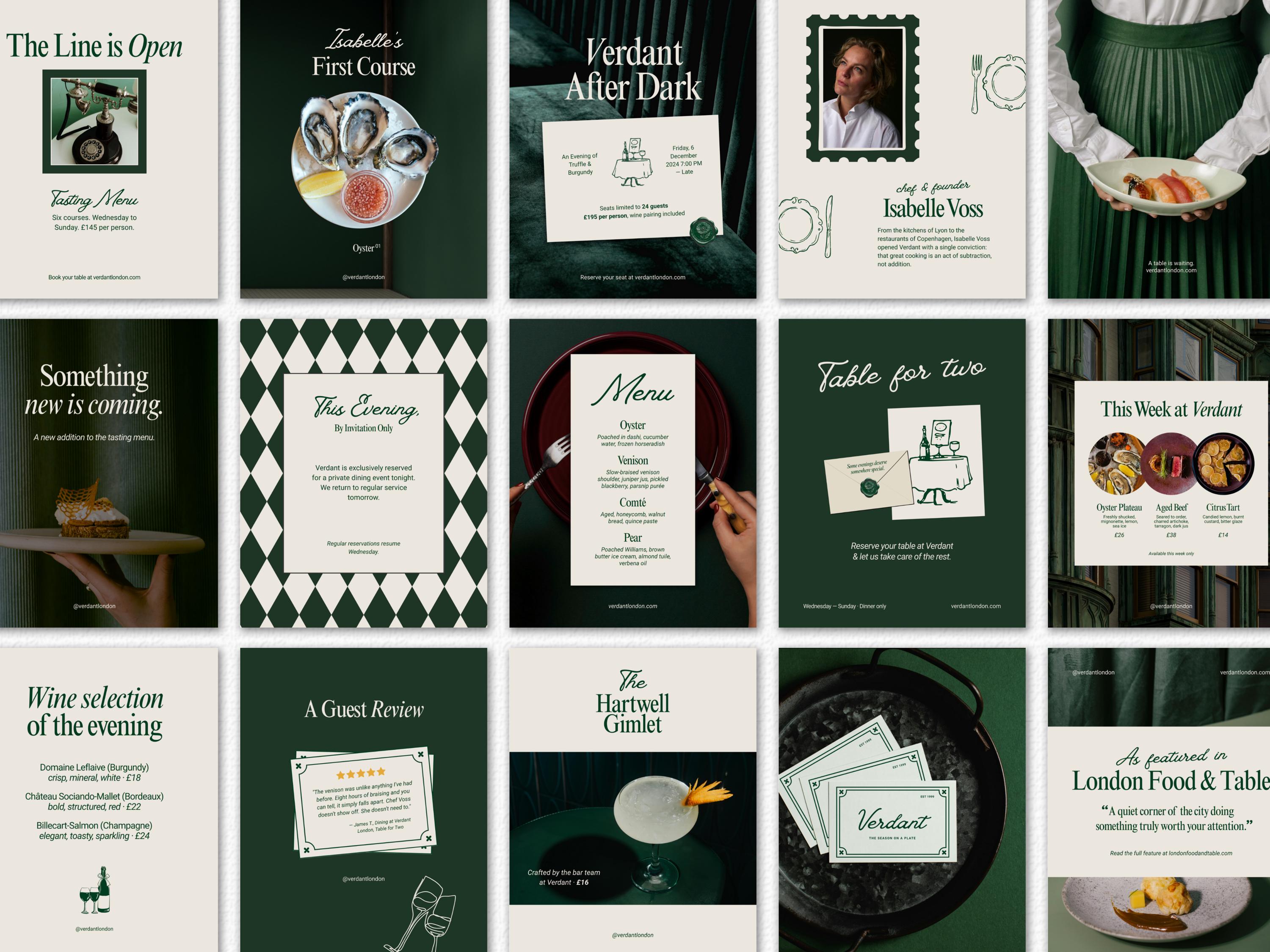 Moody Fine Dining Instagram Templates | Dark Green Restaurant Canva Kit ...