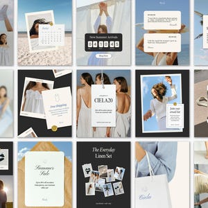 Può includere: Una raccolta di post sui social media con moda estiva. I post includono immagini di abiti, costumi da bagno e completi in lino. Le sovrapposizioni di testo promuovono nuovi arrivi, saldi e spedizione gratuita. La tavolozza dei colori è morbida, con un focus su bianco, beige e blu.