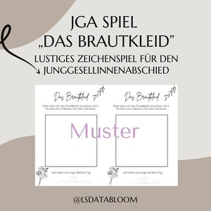 Pode incluir: Um cartão de jogo para chá de panela com o texto "JGA SPIEL 'DAS BRAUTKLEID'" em preto. O cartão apresenta dois espaços para desenho com a palavra "Muster" no centro. O design inclui detalhes florais e de folhas, com o texto "LUSTIGES ZEICHENSPIEL FÜR DEN JUNGGESELLINNENABSCHIED".