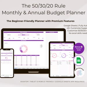ストレスフリーな予算管理ツール - 50/30/20、Google Sheets自動プランナー（デジタルダウンロード）