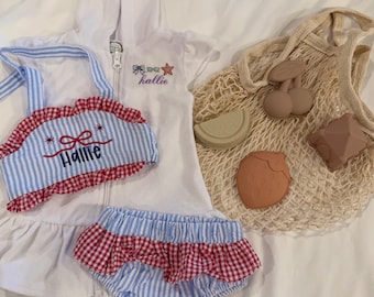 Traje de baño para niñas, bikini de dos piezas bordado a medida, traje de baño con monograma, 4 de julio, traje de baño bikini para bebés y niños pequeños