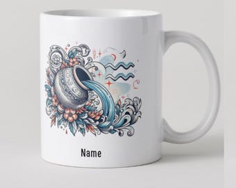 May include: White ceramic mug featuring an Aquarius zodiac design. The front displays a detailed illustration of a water pitcher with flowing water, flowers, and the word "Name". The back side has the Aquarius symbol, dates, and description.