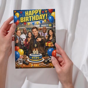 May include: A birthday card featuring the cast of Brooklyn 99. The card reads "Happy Birthday!" above the show's logo. A cake with "99" candles and "NYPD" is in the foreground, surrounded by balloons and donuts.