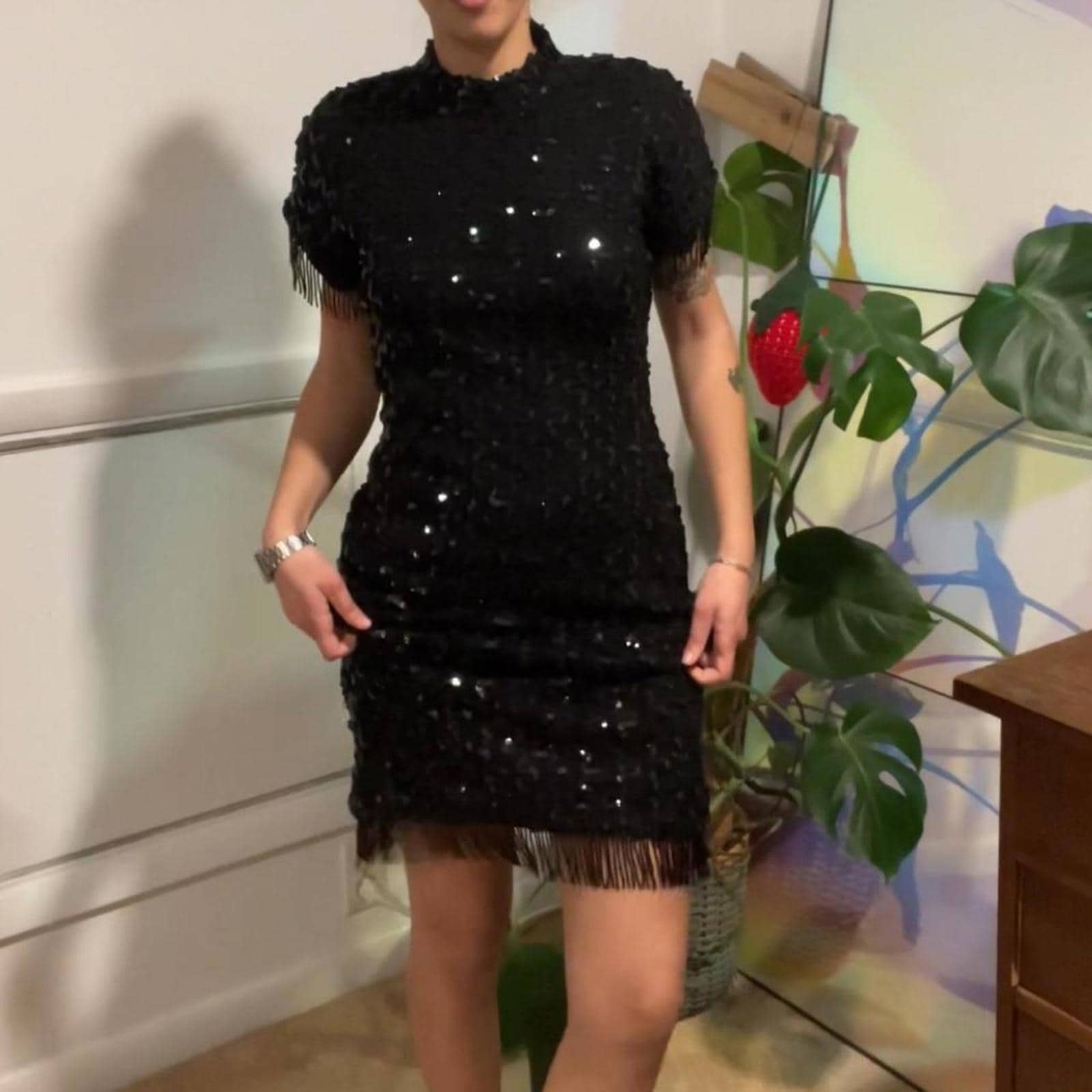 black knee length sequin dress Black Long Hooded Dress main image 1