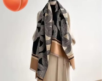 Oversized Two Sided Letter Print Pashmina Scarf - Cashmere Soft Warm Shawl with Fringe, Winter Blanket