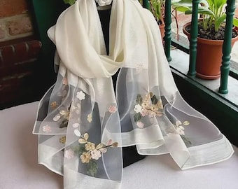 Elegant Sheer Embroidered Floral Scarf for Women – Lightweight Organza Wrap | Fashionable Shawl for Party,