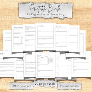 May include: A bundle of printable pages for organization and productivity. The pages are white with black text and include templates for character sheets, book overviews, and world rules. The text on the image reads "Printable Bundle for Organization and Productivity", "PDF Download", "20 page bundle", and "Instant access".