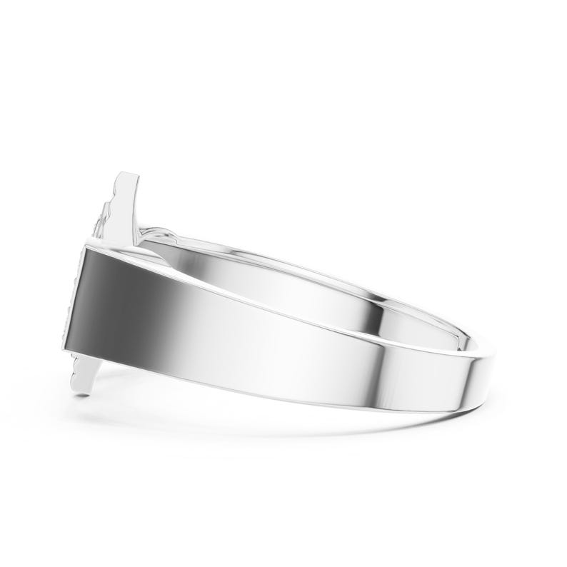 May include: A side view of a silver ring with a rectangular design on the top. The ring has a smooth, polished band and a detailed top with a geometric shape. The ring is set against a white background.