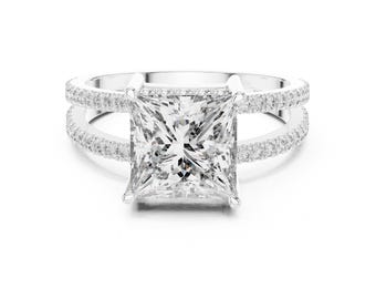 Anello di fidanzamento solitario con diamante sintetico taglio princess da 3,45 ct, con alone nascosto e pavé, in oro 14 carati, certificato IGI.