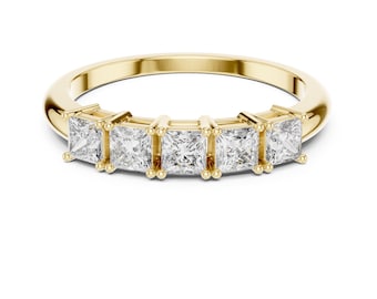 Anillo de aniversario de 5 piedras con diamantes cultivados en laboratorio de talla princesa de 1,50 ct, oro macizo de 14 quilates.