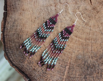 Twilight in the Valley. Beaded earrings, bohemian long earrings, OOAK, red wine black earrings, Japaneze bead mix, summer, boho, tassels