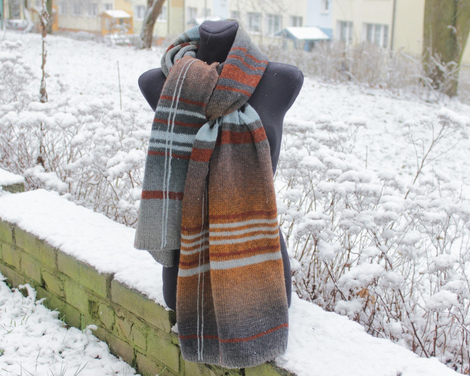 Gray Brown Blue Olive Green Scruched Plaid Multi Color Striped Scarf Long New Gray Brown Blue Olive Green Scruched Plaid Multi Color Striped Scarf Long New