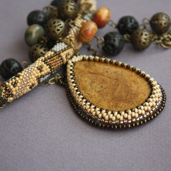 Africa's Captive necklace. Bead crochet rope, natural jasper beads, bead embroidery, brass chains, tribal style pendant, OOAK, desert colour