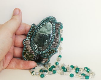 Stone Flower. Bead embroidery, bead embroidered pendant, natural serafinite, grey green metallic, floral pattern, flower shape pendant, OOAK