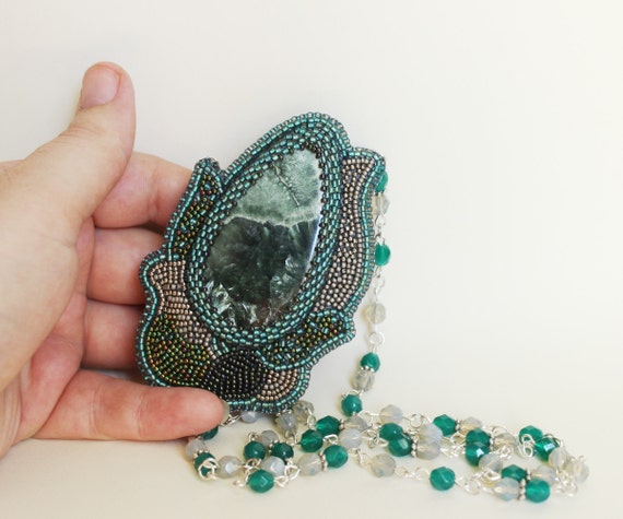 Stone Flower. Bead embroidery, bead embroidered pendant, natural serafinite, grey green metallic, floral pattern, flower shape pendant, OOAK