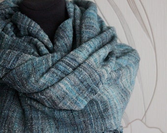 Jeans Karo. Handgewebter Schal, Pashmina Schal, Frauen Schal, Baumwollgarn, Sommer große Wickelstola, modische blau grau Schal, Tweed Fransen