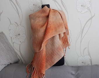 Stonewashed Orange. Hand woven scarf, summer shawl, women wrap, cotton linen blend yarn, summer huge wrap, fashionable orange scarf, fringed
