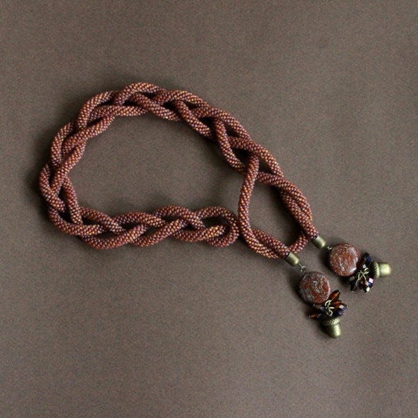 Cinnamon Snake. Bead crochet rope, lariat, beaded necklace, matte cinnamon-brown colours, natural stones, OOAK necklace, crochet jewelry