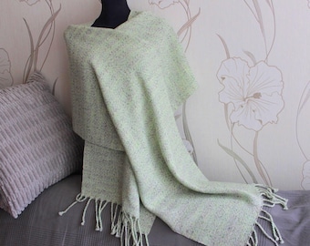 Spring Vibes. Handwoven scarf, pashmina, unisex wrap, melange yarn, huge white green shawl, fringed, hanmade merino cotton wrap