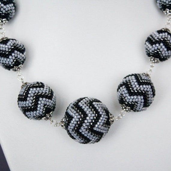 Office Elegance. Beaded beads, beadwork, grey, seed beads necklace, shades of gray necklace, beaded balls, classic, black&white, gift idea
