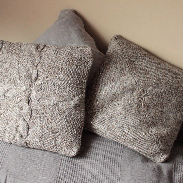 Cozy Glam Pillows. Square grey brown shiny yarn pillow cases, 17 x 17 SET OF TWO, rustic hand knitted, aran pollowcase, mohair wool lame,