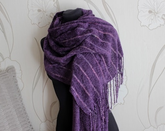 Lila Samt. Handgewebter Schal, Pashmina Schal, Frauen Stola, Viskose Chenille feines Garn, riesengroße Wickelstola, modischer violetter Schal, Fransen