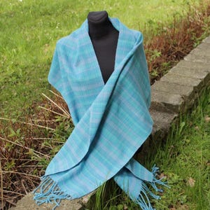 Turquoise Splash. Hand woven scarf, pashmina, women wrap, merino yarn, huge shawl, turquoise blue  scarf, fringed OOAK, hanmade scarf wrap