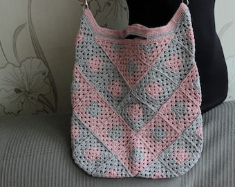 No de la abuela. Bolso verano crochet, tote colores pastel, bolso hombro crochet, tote verano gris rosa, cuadritos de la abuela calados, bolso niña.