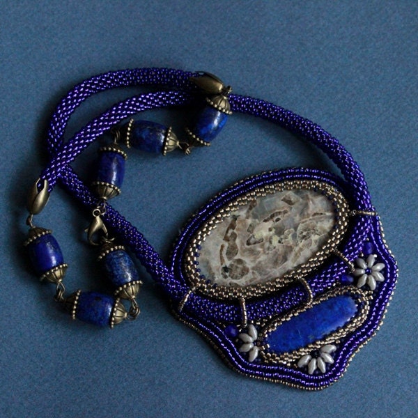 Night Moon Flowers. Bead embroidery pendant, dark blue, grey, moonstone, lapis lazuli gemstone cab beads, bead crochet rope, stone beads