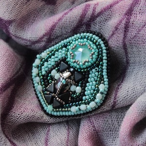 The End of Swarovski! Amulet. Swarovski Scarab brooch, mint green black, bead embroidered brooch, crystal glass brooch, women jewelry