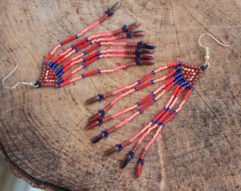 Hot Summer. Beaded earrings, bohemian long earrings, OOAK, red blue earrings, Japaneze bead mix, summer earrings, boho, Czech glass beads