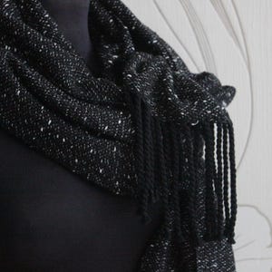 Black Classic. Handwoven scarf, pashmina, unisex wrap, black & white, mens scarf, soft merino scarf, fringed hanmade scarf wrap, black shawl