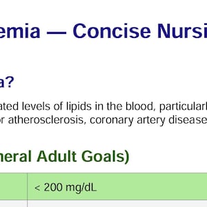 May include: A concise nursing handout on Hyperlipidemia. The document includes the title, "Hyperlipidemia - Concise Nursing Handout", and explains the condition and its risks. It also lists key lipid targets, including total cholesterol.