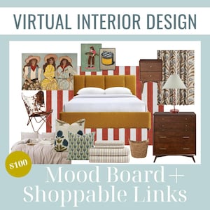 May include: A virtual interior design mood board featuring a mustard yellow bed with white bedding, artwork, and a cowhide chair. The design includes pillows, a woven basket, and a dresser. Text reads "Virtual Interior Design" and "Mood Board + Shoppable Links."