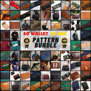 Könnte beinhalten: Ein Raster mit verschiedenen Geldbörsen und Taschen in verschiedenen Farben und Stilen. Das Bild zeigt eine Vielzahl von Ledergeldbörsen, Bi-Folds und Kartenhaltern sowie mehrere Handtaschen und Aktentaschen. Der Text in der Mitte lautet "60 WALLET 25 BAG PATTERN BUNDLE."