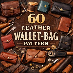 May include: An assortment of leather wallets and bags in various shades of brown, black, and teal, along with leatherworking tools. The image features the text "60 LEATHER WALLET-BAG PATTERN" in a gold font, suggesting a pattern collection.