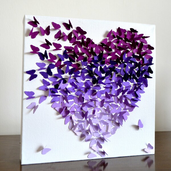 Purple Ombre Classic Butterfly Heart/ 3D Butterfly Wall Art / Engagement Gift / Unique Wedding Gift / Gift for Her / Nursery / Purple Art