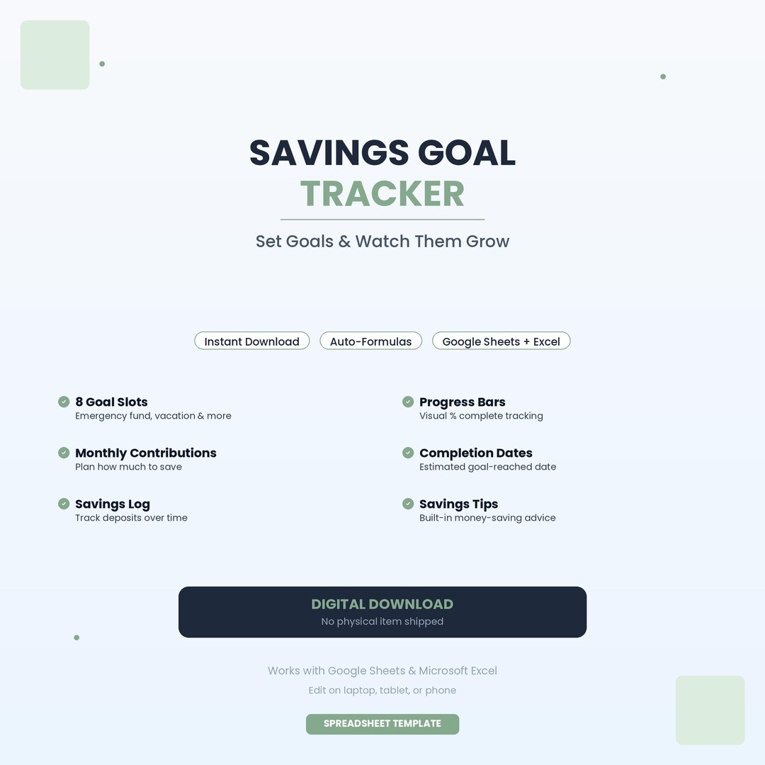 Savings Goal Planner Google Sheets Excel Sinking Fund Emergency Fund ...