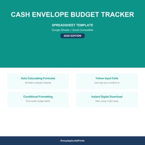 May include: A teal and white digital template titled "CASH ENVELOPE BUDGET TRACKER". The template is compatible with Google Sheets and Excel. Features include auto-calculating formulas, yellow input cells, conditional formatting, and instant digital download.
