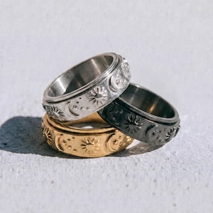 Star Moon Spinning Ring | Celestial Ring | Sun Star Stainless Steel Ring | Spinner Fidget Ring | Anxiety Relief Ring | Jewelry Gift